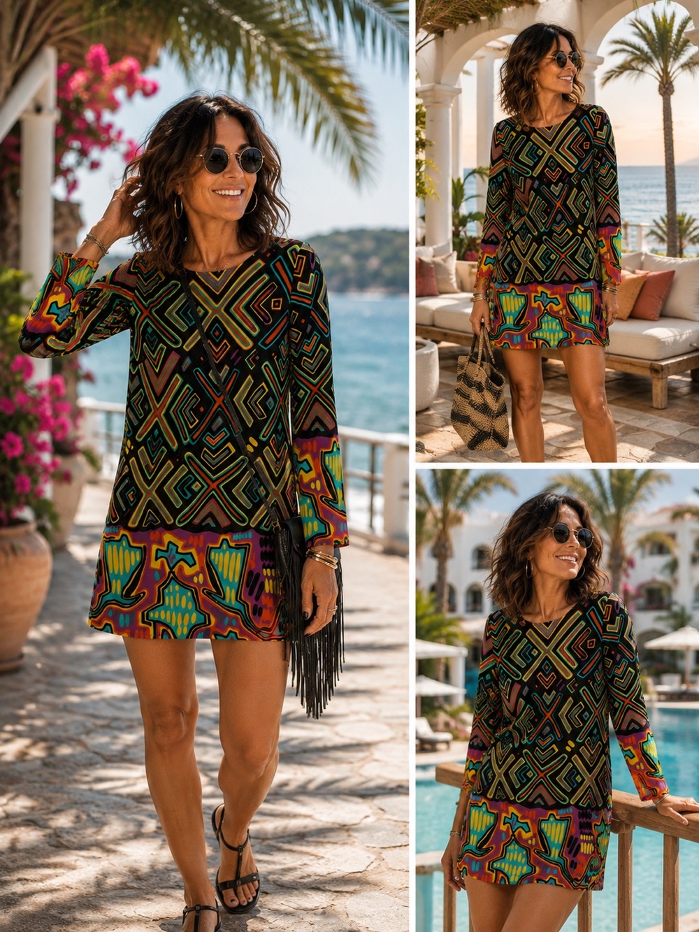 JB by Julie Brown Vibrant Resort Multicolor Geometric Long Sleeve Shift Dress
